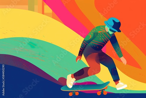 a colorful minimalist illustration of a boy riding a skateboard or longboard. generative ai