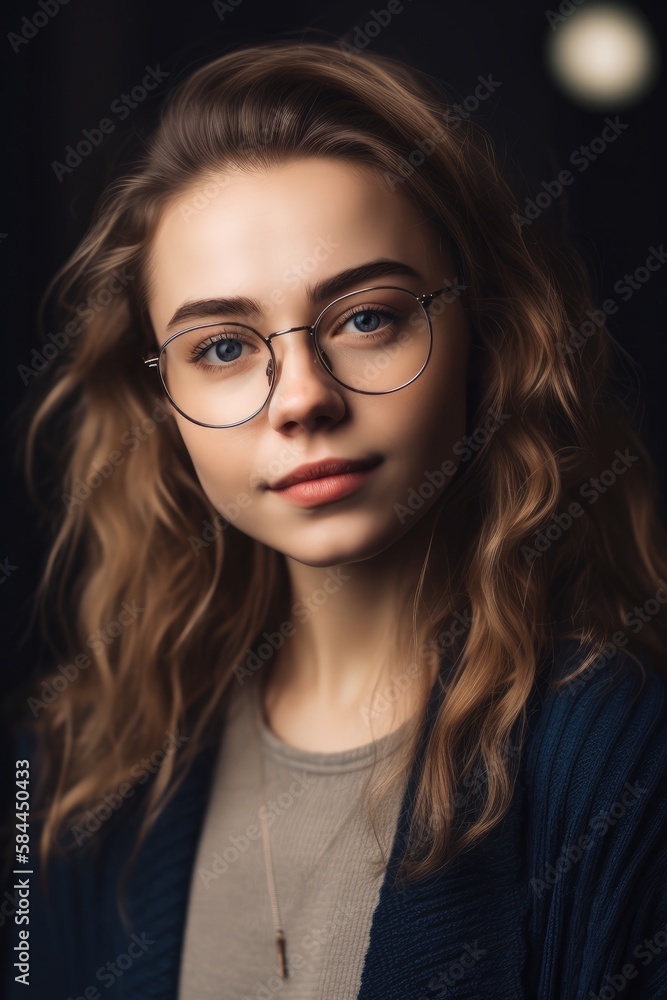 Fototapeta premium Attractive Young woman using eyeglasses wearing casual clothes looking at the camera. Generative AI 