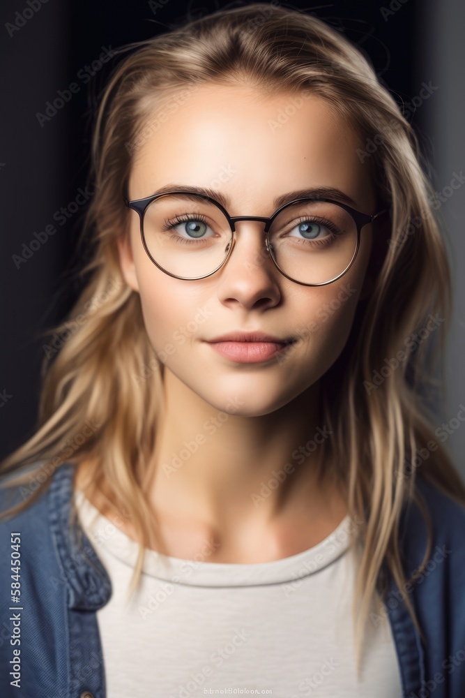 Fototapeta premium Attractive Young woman using eyeglasses wearing casual clothes looking at the camera. Generative AI 