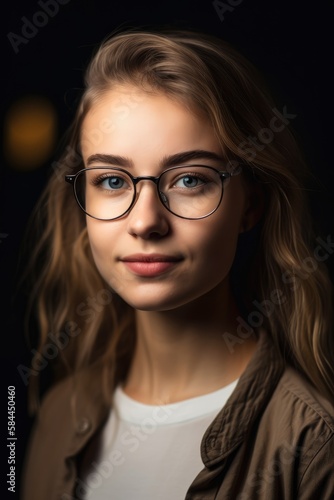Attractive Young woman using eyeglasses wearing casual clothes looking at the camera. Generative AI	