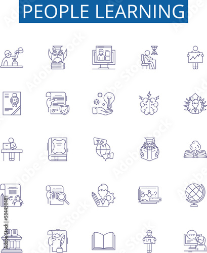 People learning line icons signs set. Design collection of Studying, Educating, Instructing, Training, Tutoring, Scholaring, Apprenticing, Coaching outline concept vector illustrations