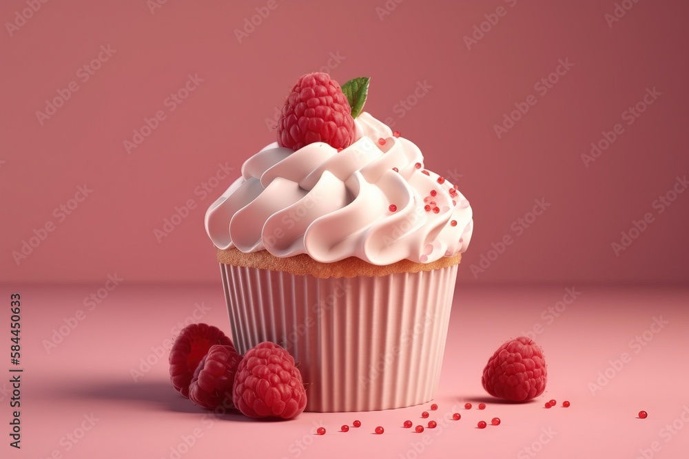 a cupcake with whipped cream and raspberries on a pink surface with a pink background and a few raspberries scattered around it. generative ai a cupcake with whipped cream and raspberries on a pink surface with a pink background and a few raspberries scattered around it. generative ai