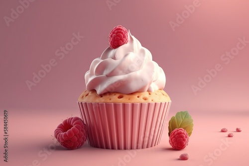  a cupcake with whipped cream and raspberries on a pink background with a pink background and a raspberry on the side. generative ai