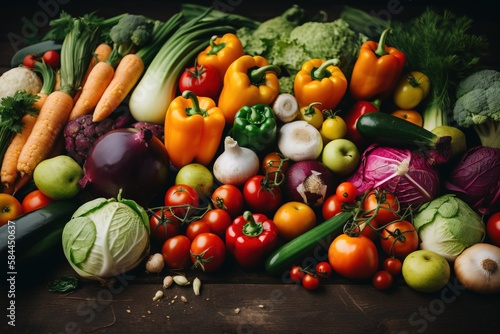  a large pile of vegetables sitting on top of a wooden table next to a pile of broccoli and other fruits and veggies.  generative ai