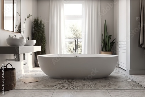 a large white bath tub sitting in a bathroom next to a sink and a window with a potted plant on it's side. generative ai