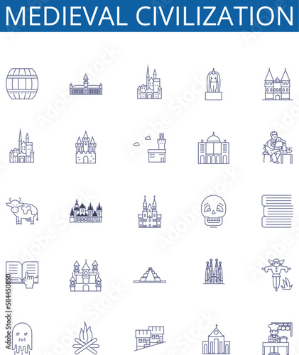 Medieval civilization line icons signs set. Design collection of Medieval, Civilization, History, Middle Ages, Knights, Peasants, Feudalism, Architecture outline concept vector illustrations