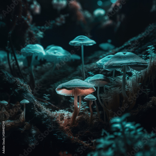 Bioluminescent Fungi growing on the forest floor-Mushroom-Generative AI