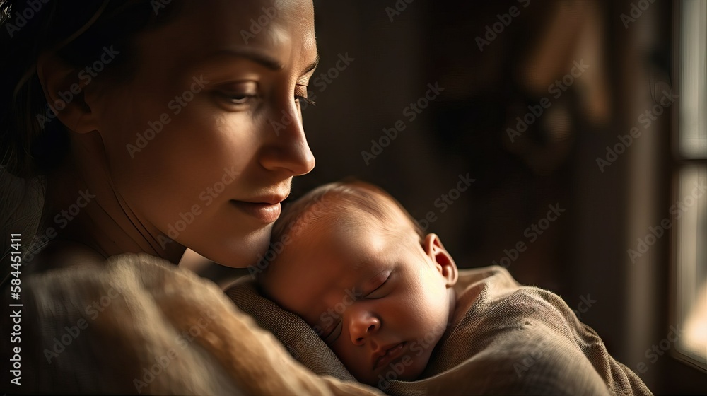 Tender moment between mother and newborn baby in soft natural light