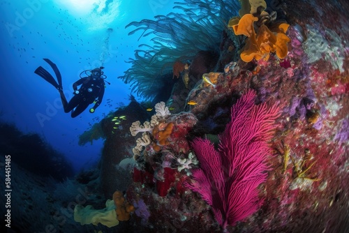 a scuba diver diving and exploring a colorful coral reef. generative ai