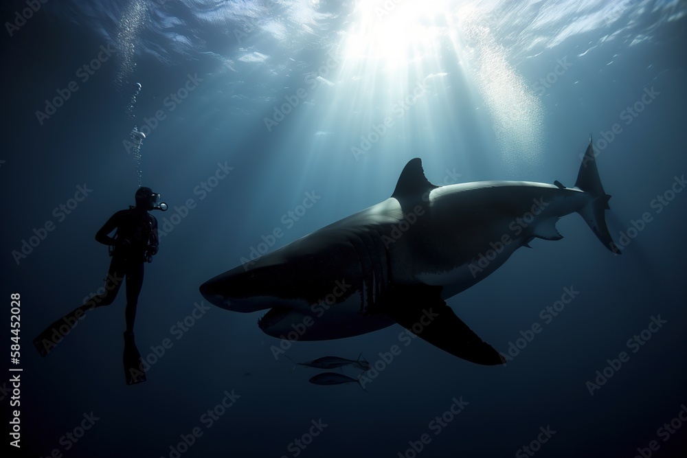 Obraz premium silhouette of a scuba diver diving with a great white shark, dramatic lighting, sun flares. generative ai