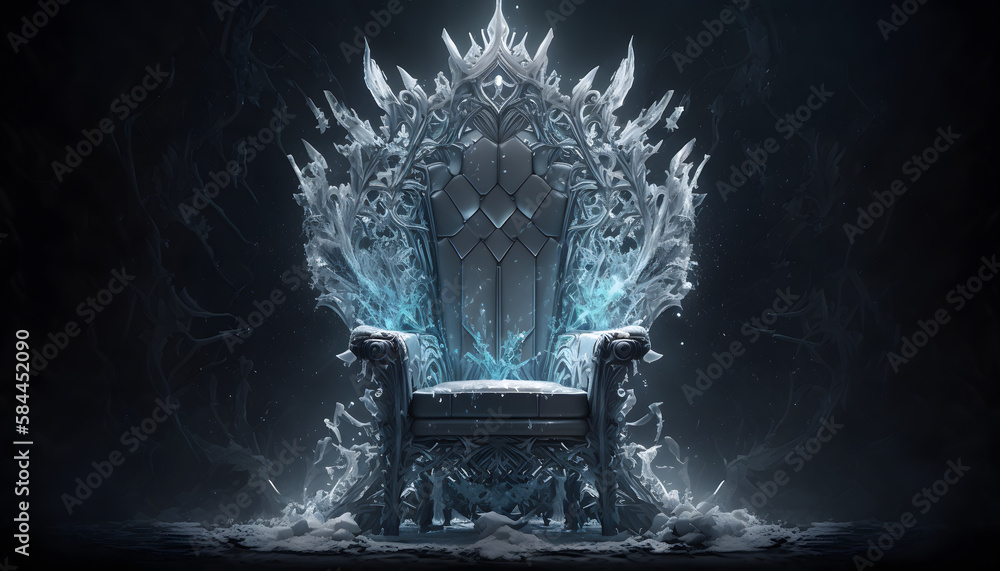 A throne made of ice with large snowflakes in the center and on the sides, dark background - obrazy, fototapety, plakaty 