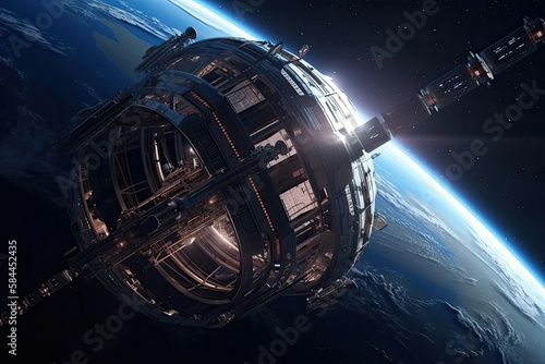 Futuristic space station on planet orbit. Spaceship in outer space. Created with Generative AI