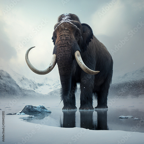 Mammoth in the snow. Generative AI.