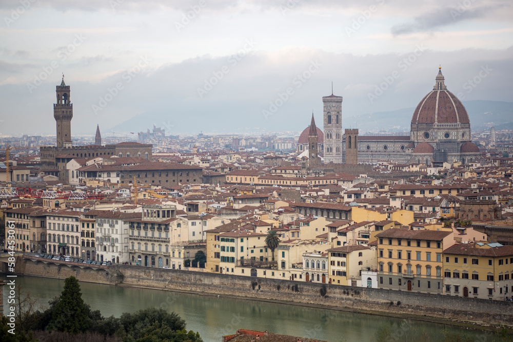 Top view of the entire city of Florence including the Cathedral Santa Maria del Fiore, which is the Duomo of Florence in the middle of the city in Italy