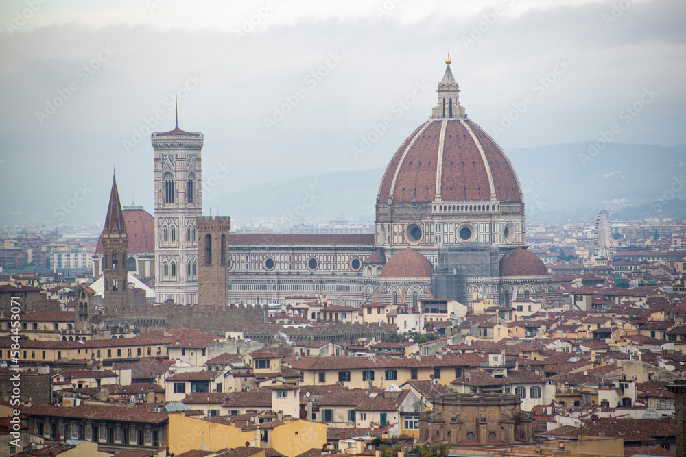 Top view of the Cathedral Santa Maria del Fiore, which is the Duomo of Florence in the middle of the city in Italy