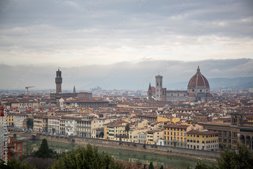 Top view of the entire city of Florence including the Cathedral Santa Maria del Fiore, which is the Duomo of Florence in the middle of the city in Italy