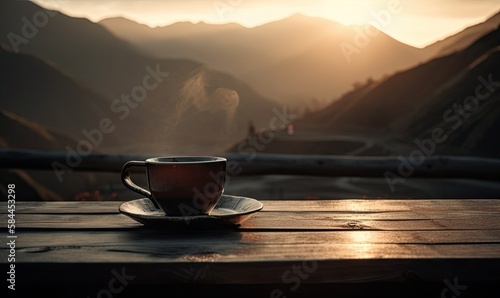 Cup with hot coffee on a wooden table against the background of sunrise and mountains, generative AI
