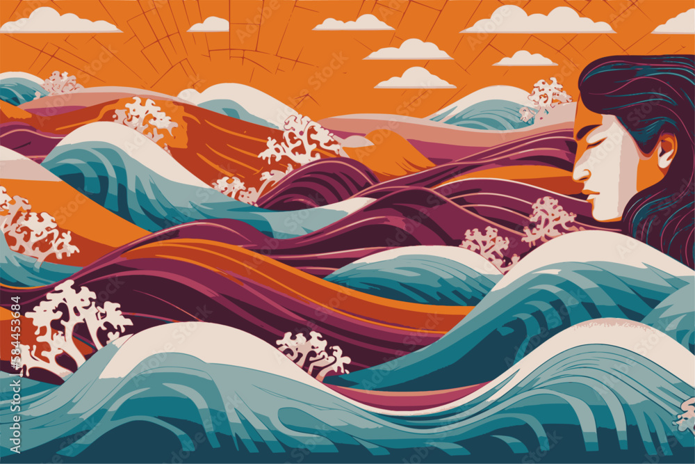 A beautiful pacific islandic or asian man on background waves in