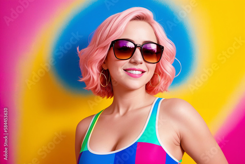 Portrait of a woman with pink hair and sunglasses on a abstract painted background, summer vibrancy. Generative AI.