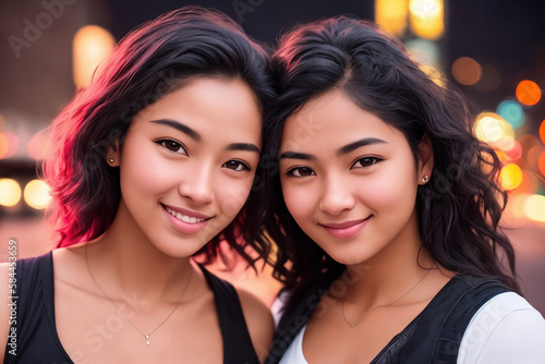 Portrait of a beautiful asian girls, city street as a background. Generative AI.