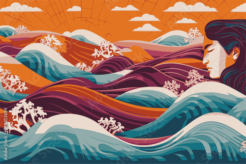 A beautiful pacific islandic or asian man on background waves in tropical colors and asian patterns, banner for Asian American and Pacific Islander Heritage Month