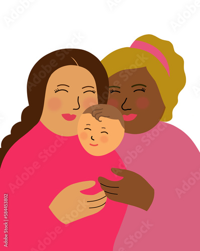 Young lesbian parents holding adopted child together. Happy family concept. Illustration isolated on white background.