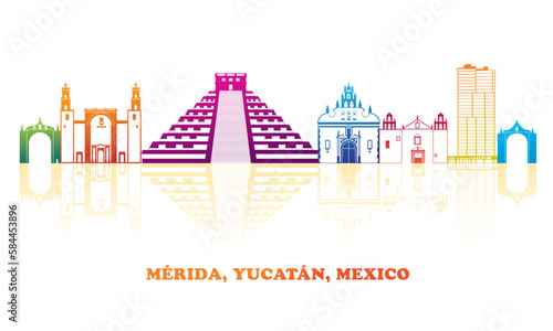 Colourfull Skyline panorama of city of Merida, Yucatan, Mexico - vector illustration photo