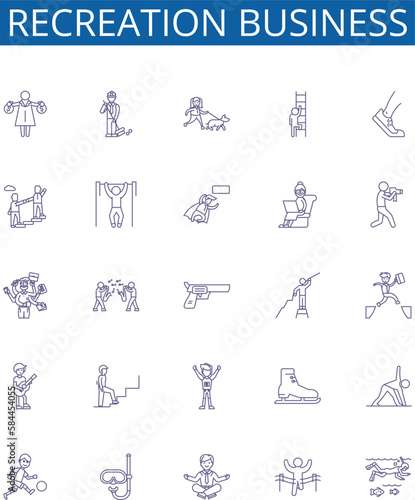 Recreation business line icons signs set. Design collection of Recreation, Entertainment, Amusement, Sports, Leisure, Adventure, Outdoor, Gaming outline concept vector illustrations