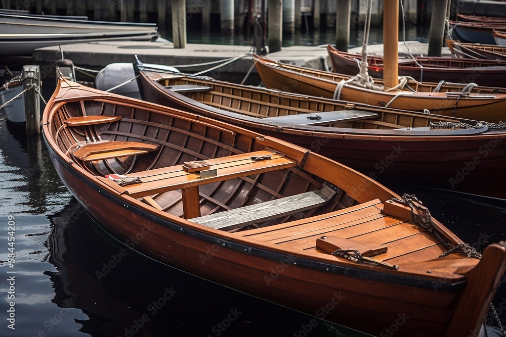Wooden boats in a harbor. Generative AI