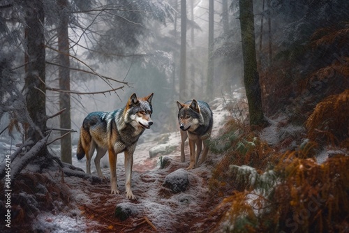 Two wolves in cold winter forest. Generative AI © AIproduction