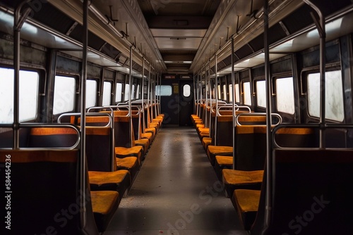 Subway car with empty seats. Empty subway. Generative AI