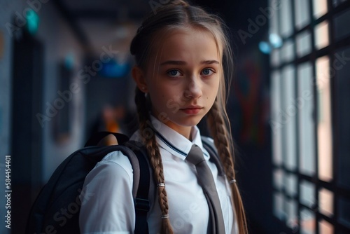 Portrait of a cute caucasian schoolgirl in a white shirt with a tie. Generative AI photo