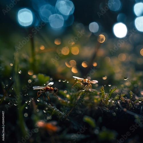 A real firefly, macro focus on firefly, the background is bokeh a beautiful landscape. Generative AI