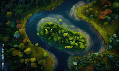 Forest and river from the bird's eye view, generative AI