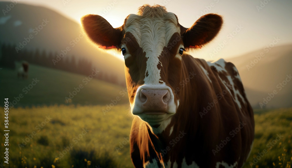 Cow in the field new quality universal colorful technology stock image illustration design, generative ai Cow in the field new quality universal colorful technology stock image illustration design, generative ai