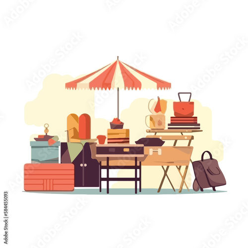 Flea market or second hand store. Reusable clothes and sustainable living concept. Flat vector illustration. Generative AI