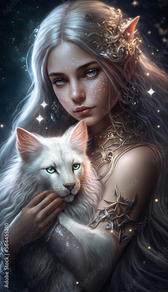 A beautiful and young girl with a wild white cat in her arms, a portrait of a gentle fairy. Created with generative AI. A beautiful and young girl with a wild white cat in her arms, a portrait of a gentle fairy. Created with generative AI.