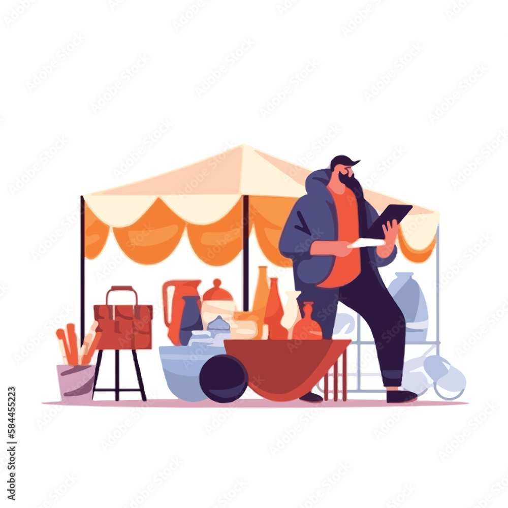 Young man chooses things at a flea market or garage sale. Reusable clothes and sustainable living concept. Flat vector illustration. Generative AI Young man chooses things at a flea market or garage sale. Reusable clothes and sustainable living concept. Flat vector illustration. Generative AI