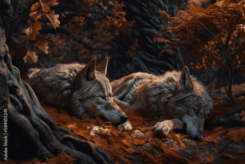 Wolves in the autumn forest. Generative AI