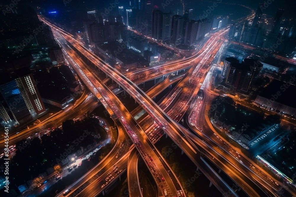 Aerial view of traffic on massive highway intersection at night. Generative AI