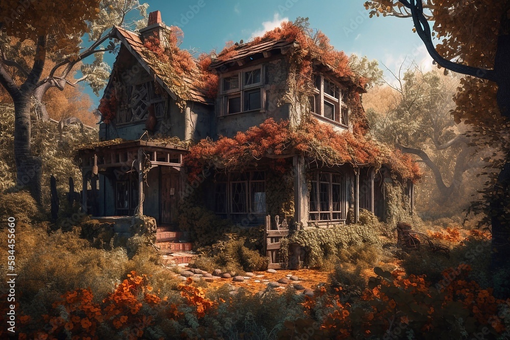 An abandoned cottage in the enchanted forest, autumn. Generative AI