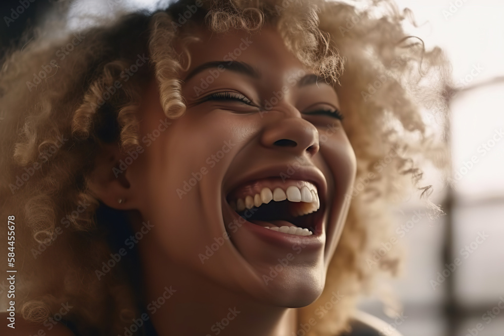 Face, hair care and beauty perfect smile of smiling happy black woman. Jamaican female model, makeup and portrait with beautiful healthy hair and curls after cosmetic spa treatment Face, hair care and beauty perfect smile of smiling happy black woman. Jamaican female model, makeup and portrait with beautiful healthy hair and curls after cosmetic spa treatment