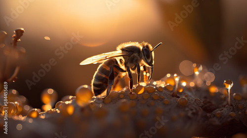 Macro photo of a bee on a drop of honey. golden lighting. National Honey Bee Day. generative AI