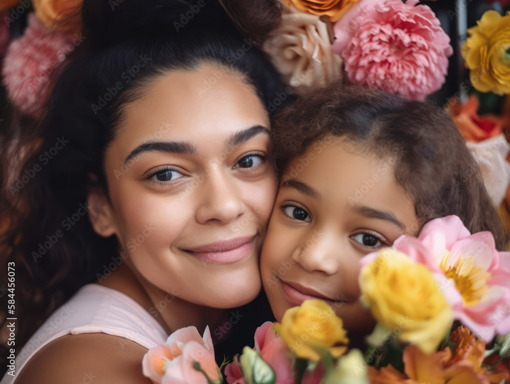 Happy mother with her daughter in her arms and flowers. the concept of happiness. Mother's Day. Ethnic diversity. Generative AI Happy mother with her daughter in her arms and flowers. the concept of happiness. Mother's Day. Ethnic diversity. Generative AI