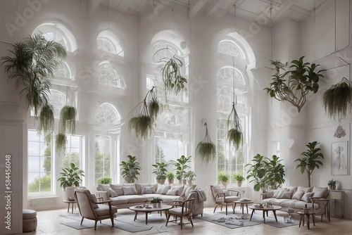 Interior of modern living room, armchairs, large windows, decoration with plants. Interior design. 3d rendering © Ignacio Carrera