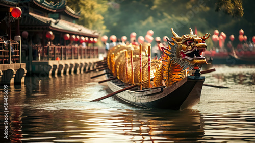 A row of dragon boats with the traditional figureheads. Generative AI illustration.