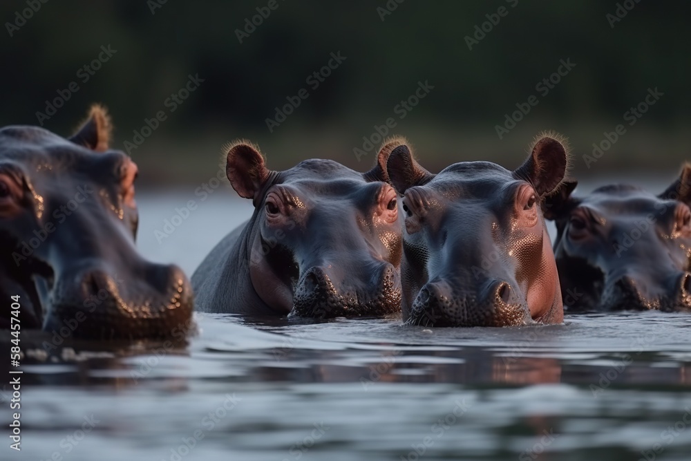 A group of hippopotamuses move in water. Generative AI. A group of hippopotamuses move in water. Generative AI.