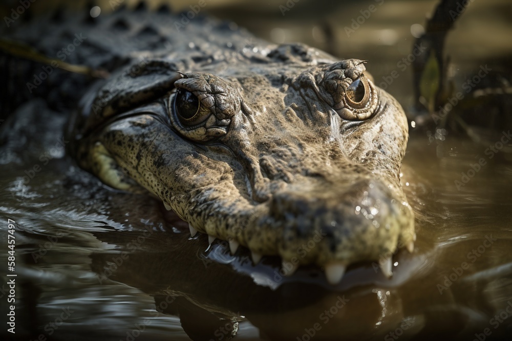 A crocodile's head, with its mouth open just under the water's surface. Generative AI. A crocodile's head, with its mouth open just under the water's surface. Generative AI.