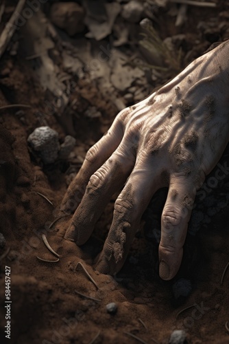 A hand coming out of the ground. Generative AI.