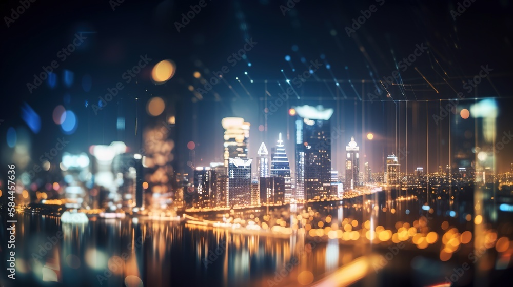 Abstract background from blurred business city center light at night with bokeh. Generative AI.